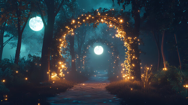 Enchanted forest moonlit archway, glowing lights, fantasy backdrop. Enchanted Moonlit Pathway. Illustration