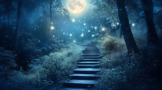 Enchanted moonlit forest pathway with mystical atmosphere and trees. Enchanted Moonlit Pathway. Illustration