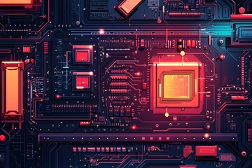 Fototapeta premium Abstract Close up of Circuit Board with Red and Orange Glow High Tech Technology Background