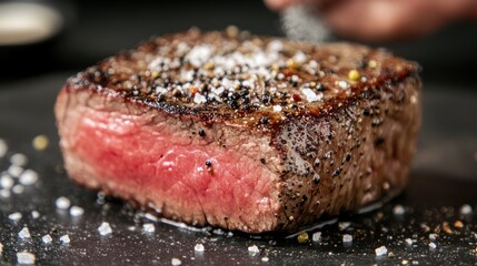 Perfectly Seared Medium-Rare Steak, Seasoned with Salt and Pepper