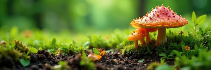 Fungal mycelium spreading through the soil beneath the grass, mushrooms, growth, nature