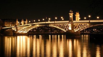 Fototapeta premium A bridge at night with streetlights casting symmetrical golden reflections on the river below