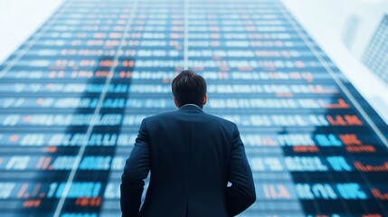 A businessman gazes up at a towering skyscraper, symbolizing ambition and career growth in a modern urban environment, reflecting the dynamic world of corporate success.