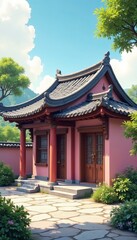 Traditional oriental house in soft retro pastel colors with tiled roof and wooden elements, wooden, pastel