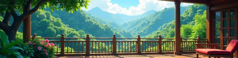 Fototapeta premium Tranquil anime-style balcony overlooking lush gardens, balcony, peaceful