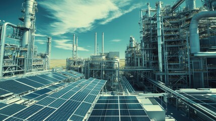 Fototapeta premium Innovative Industrial Complex with Solar Panels and Machinery Under a Clear Blue Sky