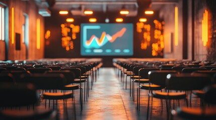 Business seminar hall with a digital screen showcasing an advanced marketing presentation