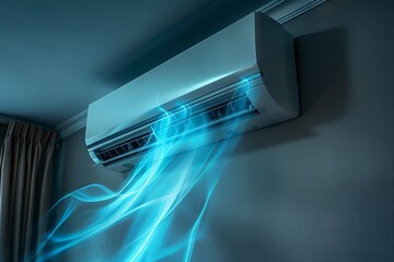 An air conditioning unit is installed on the wall actively cooling the room. Cool air flows from one side while warm air is expelled ensuring comfort in the heat.