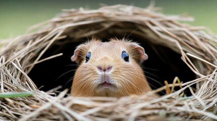 Cute brown guinea pig peeking out from a cozy nest made of straw, showcasing its curious expression and soft fur in a natural outdoor setting