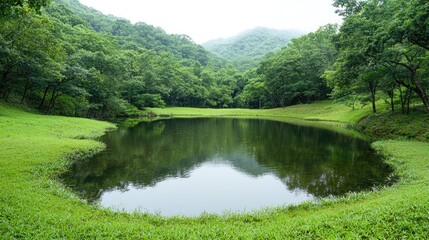 Fototapeta premium Serene pond in lush green valley, misty mountains
