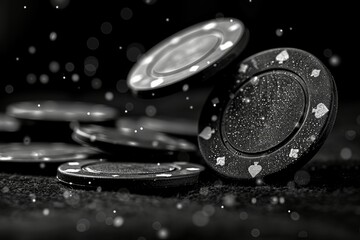 Three-dimensional poker chips cascade across a black background showcasing intricate textures and minimalistic elegance enhanced by soft lighting. A blank space offers a place for text.