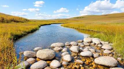 Serene autumn creek flowing through grassy plains, under a blue sky