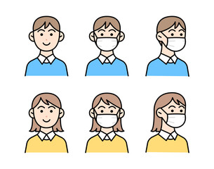 The woman and man wearing medical mask. Cartoon style outlined people illustration on white background.