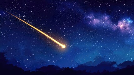 A golden shooting star streaking across a deep indigo sky filled with tiny glowing lights