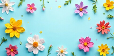 Various colorful floral icons arranged in a seamless pattern on a light blue background, pattern, floral