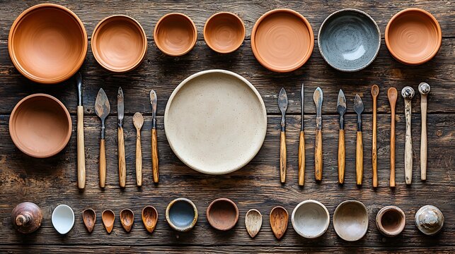 Overhead view of pottery tools raw clay and unfinished pottery pieces spread out on a rustic wooden table