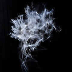 Aerial dandelion on black background. Toning. Relax, Air. Copy space