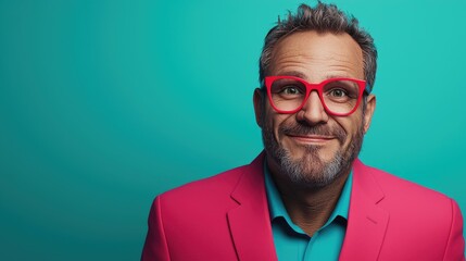 Obraz premium Happy man, pink suit, teal background, portrait