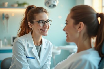 Fototapeta premium Aesthetic medicine doctor Cosmetic dermatology Teeth Whitening Strips Dental bonding healthtech Glowday Dentally Dentalsoft Vvardis Smiling female dentist with glasses and white coat examining young 