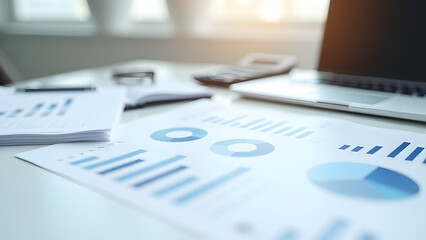 Financial documents with charts and graphs on a white desk. Features a laptop and calculator, symbolizing data analysis, financial planning, and professional organization.