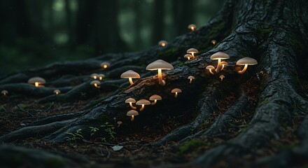 Glowing Mushrooms Forest Roots Mysterious Night Nature 4K