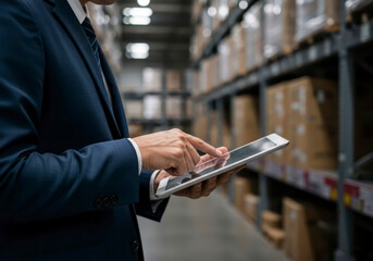 Obraz premium Businessman Using Digital Tablet for Inventory Check in Smart Furniture Warehouse