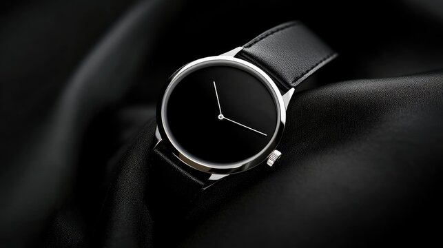 A minimalistic luxury watch with silver detailing resting on a soft black suede background
