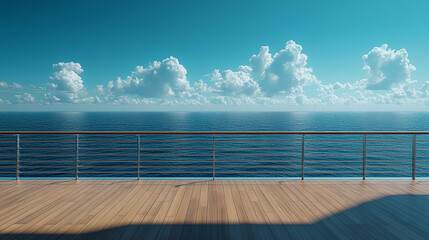 A peaceful ocean view from the deck of a cruise ship with bright daylight, offering ample copy space for design or text, symbolizing freedom, adventure, and tranquility on a modern voyage.

