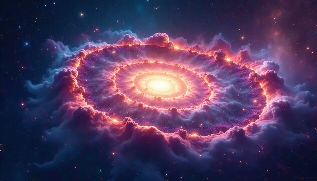 Stunning spiral galaxy with colorful gas clouds and star clusters, space, background