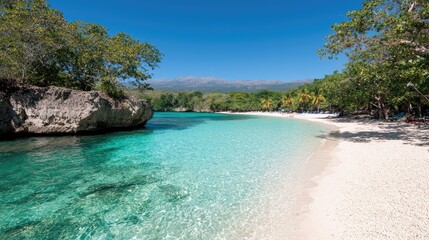 Fototapeta premium Secluded Caribbean beach, turquoise water, mountain backdrop, relaxation