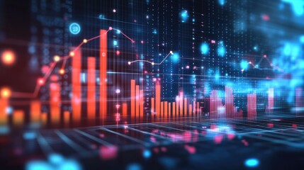 Digital dashboard with analytics, bar graphs, and trend lines showcasing financial data insights
