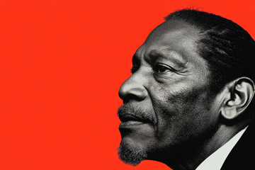 Obraz premium A man's face is shown on a red background