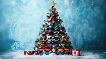 Christmas tree decorated with colorful sunglasses and gift boxes on snowy surface