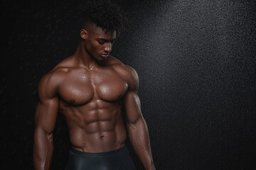 Fototapeta premium A man with a muscular body is standing in the rain