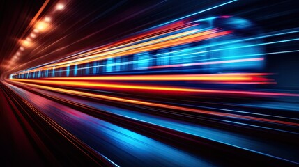 A speeding train is traveling through a brightly illuminated tunnel