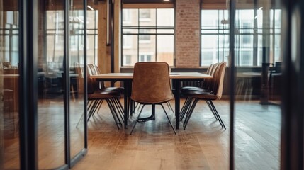 Empty meeting room with a glass board filled with strategy planning and business goals