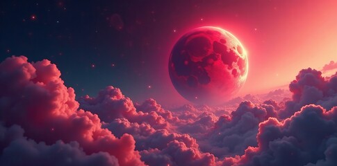Surreal red planet with colorful nebula clouds, stars, cosmic, surreal
