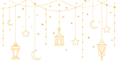 Ramadan Lanterns Hanging with Stars and Moon illustration. Ramadan Mubarak Greeting Design with Traditional Islamic Patterns for Social Media Posts Banners and Festival Celebration Cards