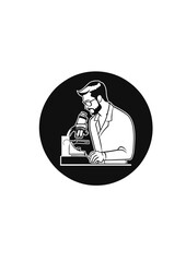 Scientist examining samples under microscope in laboratory setting illustration