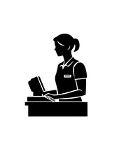 Salesperson silhouette standing at cash register on white background