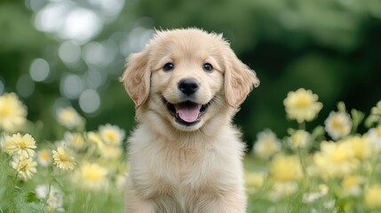 Happy Golden Retriever puppy in a flower field