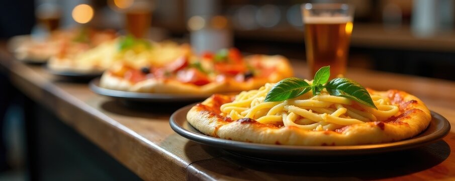 Platos de pasta y pizza en una barra de trabajo, mesa, jarrones