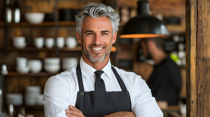 Obraz premium Smiling cafe owner, arms crossed, restaurant background