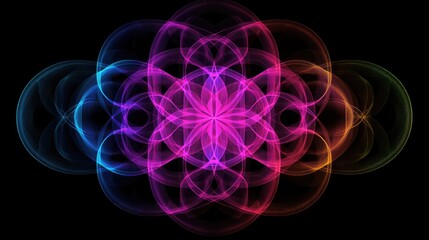 A symmetrical pattern of glowing neon rings in shades of pink and blue on a jet-black background