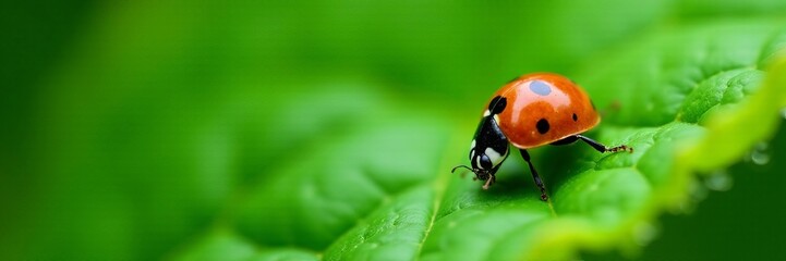 Obraz premium Tiny ladybug exploring the textures and veins of a fresh green leaf in a summer garden, wildlife, leaf