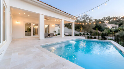 Fototapeta premium Evening poolside patio, luxury home, hilltop view, relaxation