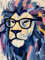 Vibrant rainbow lion wearing glasses, colorful pop-art graffiti painting, bold street art style, modern artistic wildlife portrait, unique contemporary design
