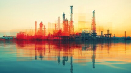 Obraz premium Industrial complex and buildings are reflected in serene blue water