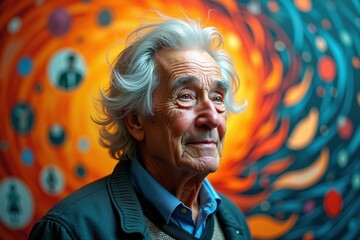 Elderly man with white hair and blue eyes smiling thoughtfully standing against vibrant spiral orange and blue abstract background perfect for aging, wisdom, mental health, or creative concepts