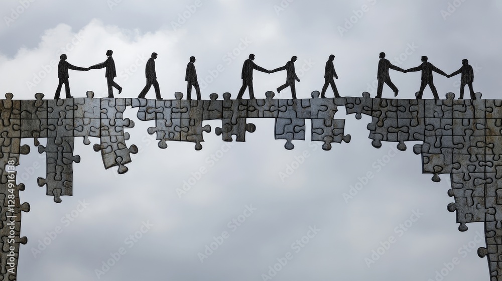 Poster metaphorical teamwork concept with a bridge built from multiple puzzle pieces, connecting two points